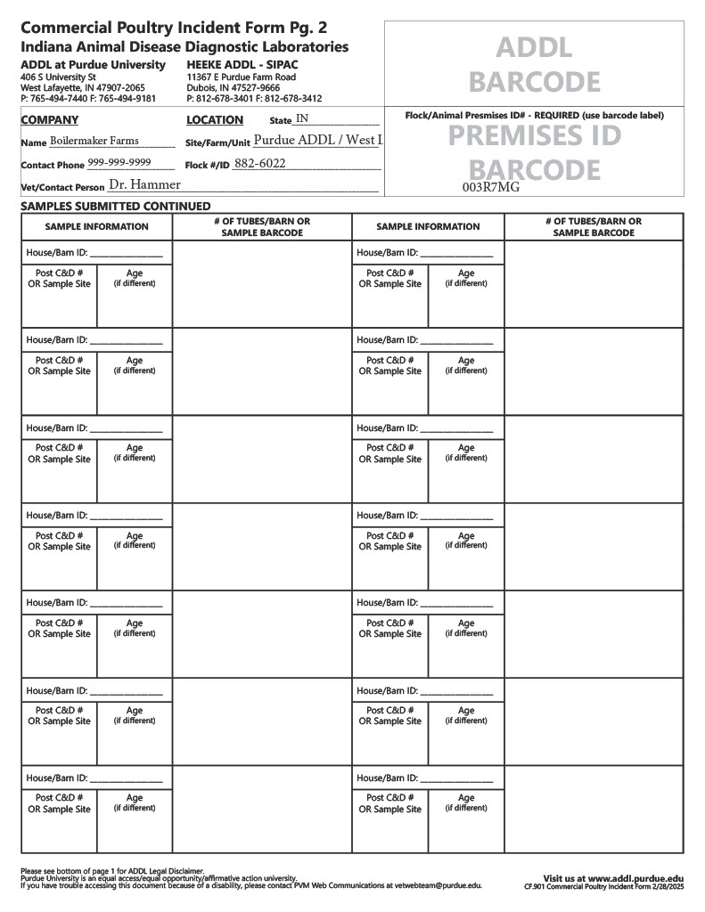 Example of a Completed Commercial Poultry Incident Form page 2